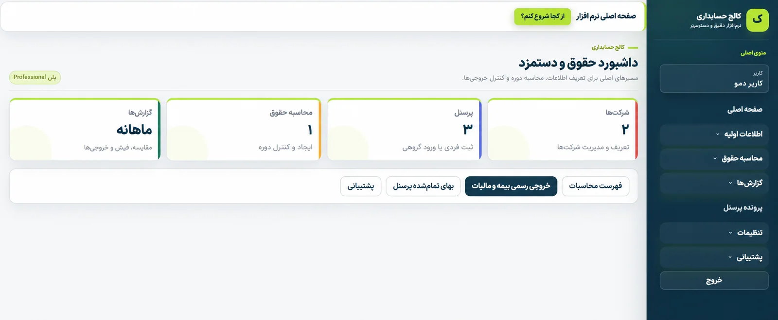 نمای رابط کاربری نرم‌افزار حقوق و دستمزد کالج حسابداری